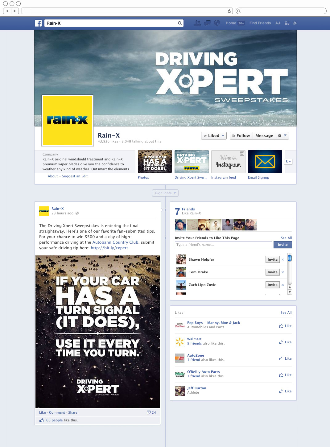Rain-X Facebook timeline page with driving tip